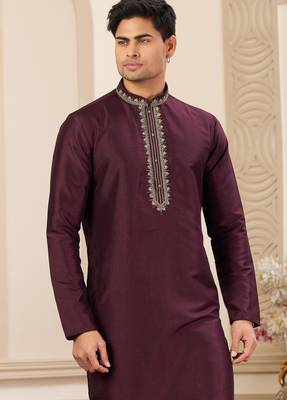 men's wine  straight kurta pajama with plain banarasi art silk and without lining 2