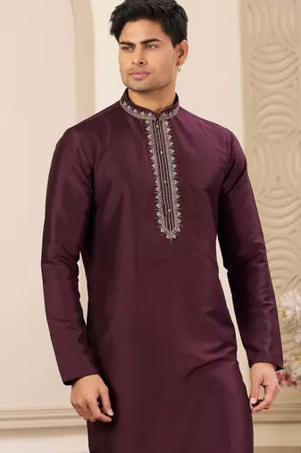 men's wine  straight kurta pajama with plain banarasi art silk and without lining