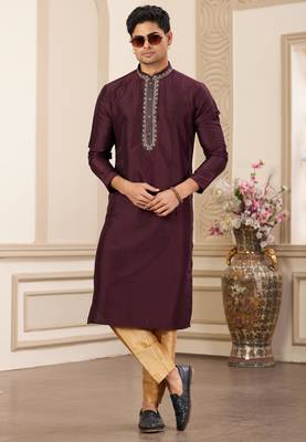men's wine  straight kurta pajama with plain banarasi art silk and without lining 3