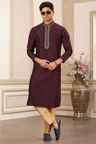 men's wine  straight kurta pajama with plain banarasi art silk and without lining