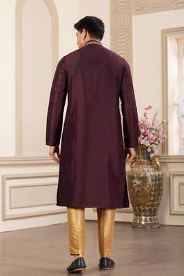 men's wine  straight kurta pajama with plain banarasi art silk and without lining 4