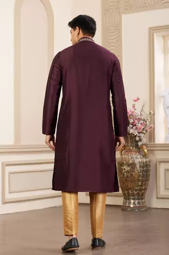 men's wine  straight kurta pajama with plain banarasi art silk and without lining