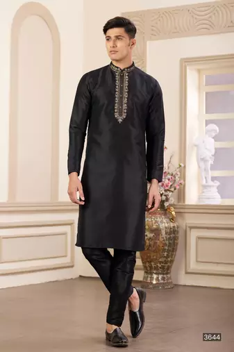 Men's black  straight kurta with plain banarasi art silk and without lining