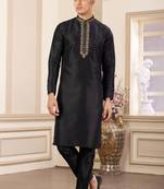 men's black  straight kurta pajama with plain banarasi art silk and without lining