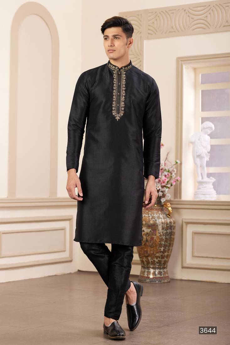 Men's black  straight kurta with plain banarasi art silk and without lining