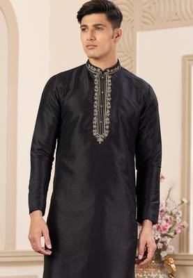 men's black  straight kurta pajama with plain banarasi art silk and without lining 2