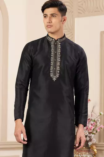 men's black  straight kurta pajama with plain banarasi art silk and without lining
