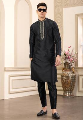 men's black  straight kurta pajama with plain banarasi art silk and without lining 3