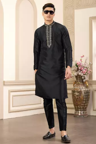men's black  straight kurta pajama with plain banarasi art silk and without lining