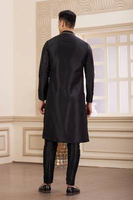 men's black  straight kurta pajama with plain banarasi art silk and without lining 4