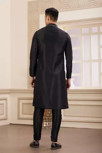 men's black  straight kurta pajama with plain banarasi art silk and without lining