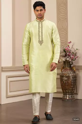 Men's pista  straight kurta with plain banarasi art silk and without lining