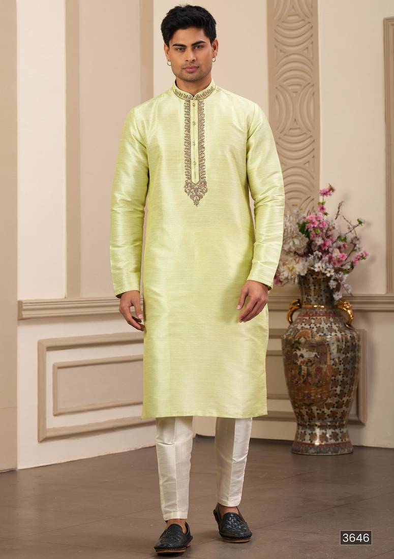 Men's pista  straight kurta with plain banarasi art silk and without lining