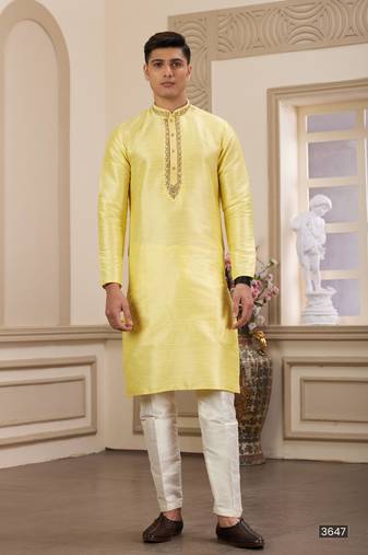 Men's yellow plain banarasi art silk straight kurta with without lining
