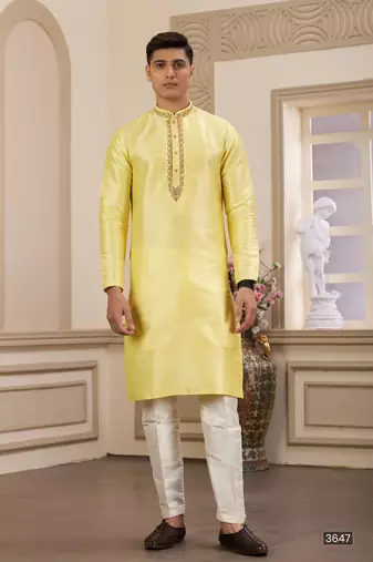 Men's yellow plain banarasi art silk straight kurta with without lining