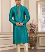 men's teal green plain banarasi art silk straight kurta pajama with without lining