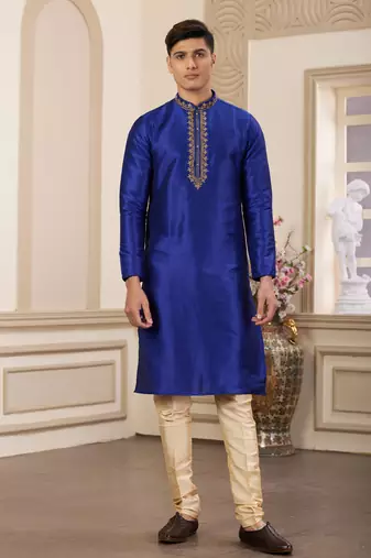 Men's blue plain banarasi art silk straight kurta with without lining