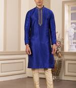 men's blue plain banarasi art silk straight kurta churidar with without lining