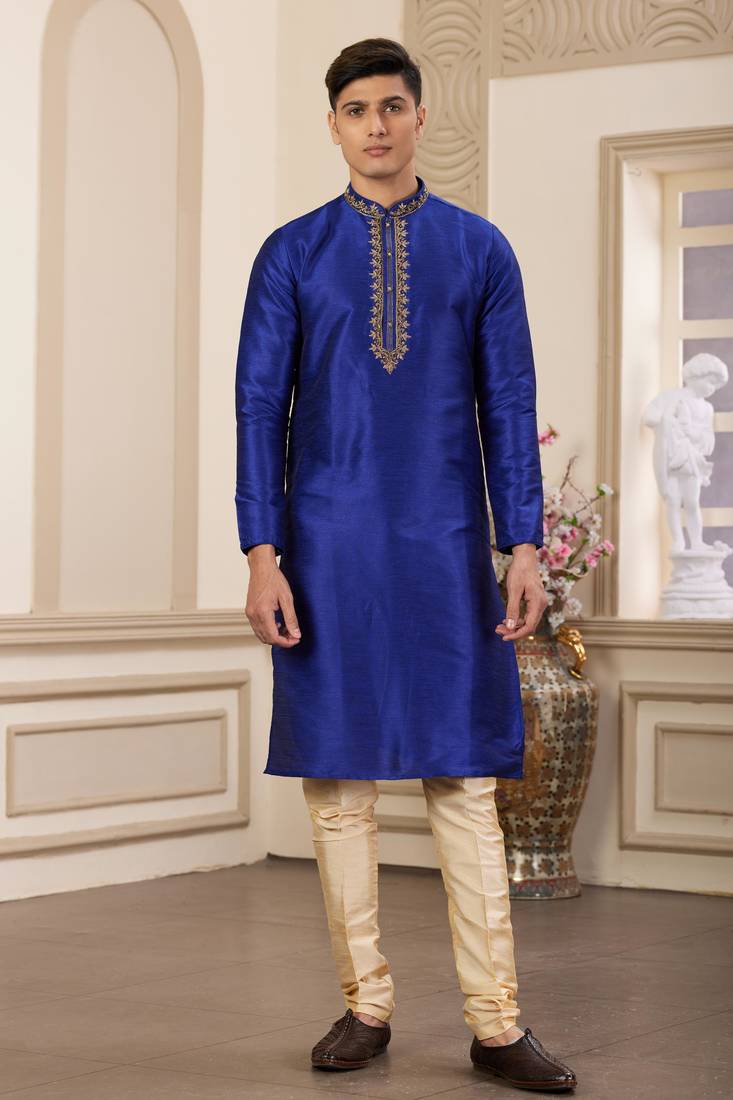 Men's blue plain banarasi art silk straight kurta with without lining