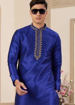 men's blue plain banarasi art silk straight kurta churidar with without lining 2
