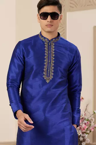 men's blue plain banarasi art silk straight kurta churidar with without lining