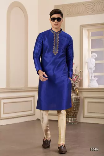men's blue plain banarasi art silk straight kurta churidar with without lining