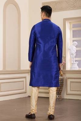 men's blue plain banarasi art silk straight kurta churidar with without lining 4