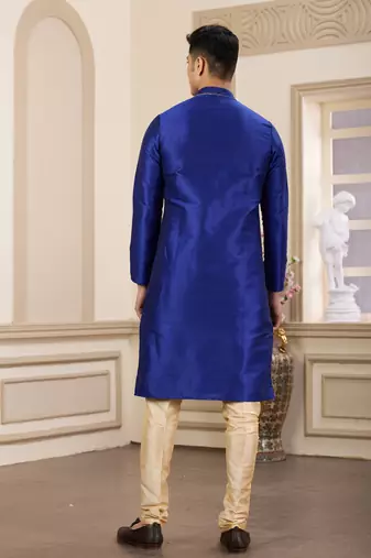 men's blue plain banarasi art silk straight kurta churidar with without lining
