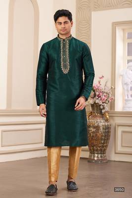 men's green plain banarasi art silk straight kurta pajama with without lining 1