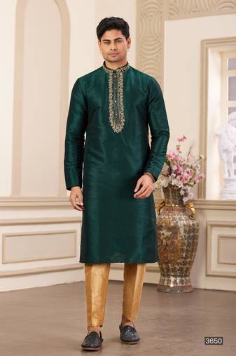 Men's green plain banarasi art silk straight kurta with without lining