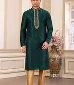 men's green plain banarasi art silk straight kurta pajama with without lining