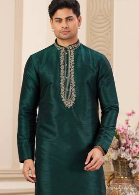men's green plain banarasi art silk straight kurta pajama with without lining 2