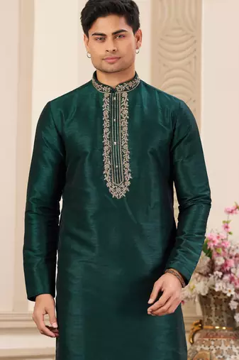 men's green plain banarasi art silk straight kurta pajama with without lining