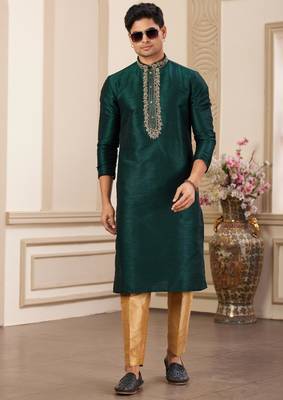 men's green plain banarasi art silk straight kurta pajama with without lining 3