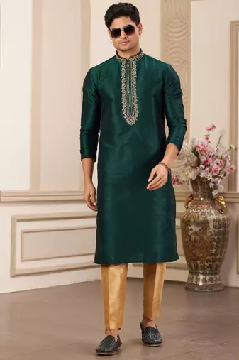 men's green plain banarasi art silk straight kurta pajama with without lining