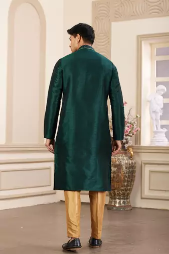 men's green plain banarasi art silk straight kurta pajama with without lining