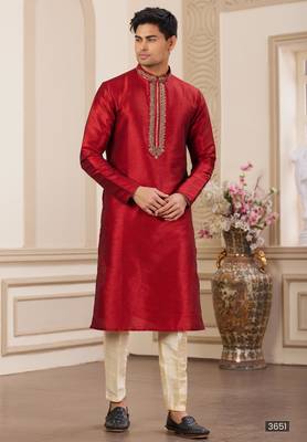 men's maroon plain banarasi art silk straight kurta pajama with without lining 1