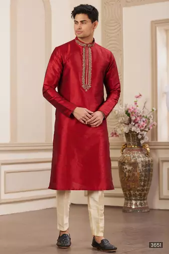 Men's maroon plain banarasi art silk straight kurta with without lining