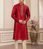 men's maroon plain banarasi art silk straight kurta pajama with without lining