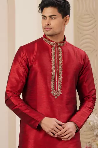 men's maroon plain banarasi art silk straight kurta pajama with without lining