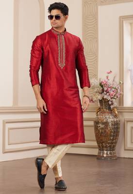 men's maroon plain banarasi art silk straight kurta pajama with without lining 3
