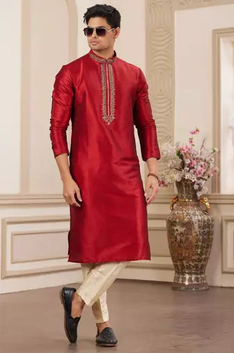 men's maroon plain banarasi art silk straight kurta pajama with without lining