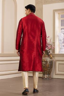 men's maroon plain banarasi art silk straight kurta pajama with without lining 4
