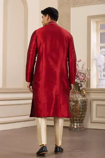 men's maroon plain banarasi art silk straight kurta pajama with without lining
