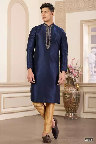 Men's blue plain banarasi art silk straight kurta with without lining