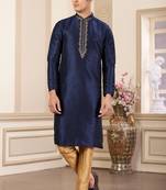men's blue plain banarasi art silk straight kurta pajama with without lining