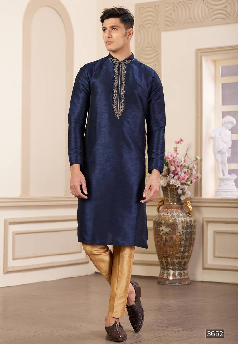 Men's blue plain banarasi art silk straight kurta with without lining