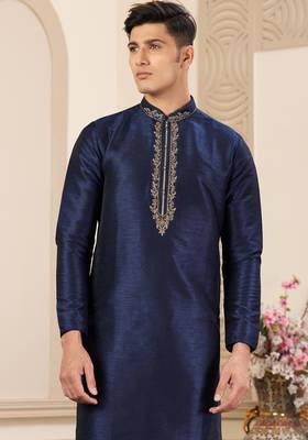 men's blue plain banarasi art silk straight kurta pajama with without lining 2
