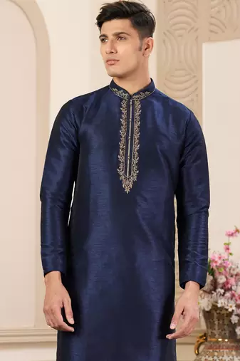 men's blue plain banarasi art silk straight kurta pajama with without lining