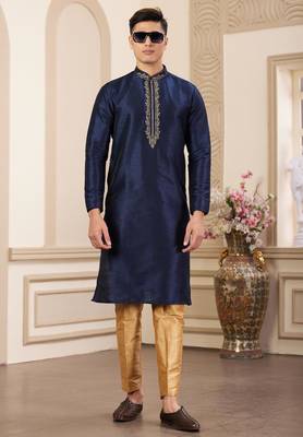 men's blue plain banarasi art silk straight kurta pajama with without lining 3